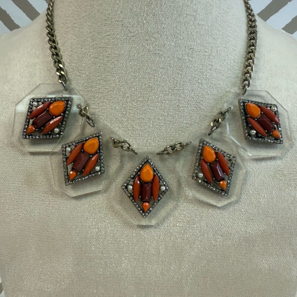 J Crew Lucite Red Orange Beaded Statement Necklace